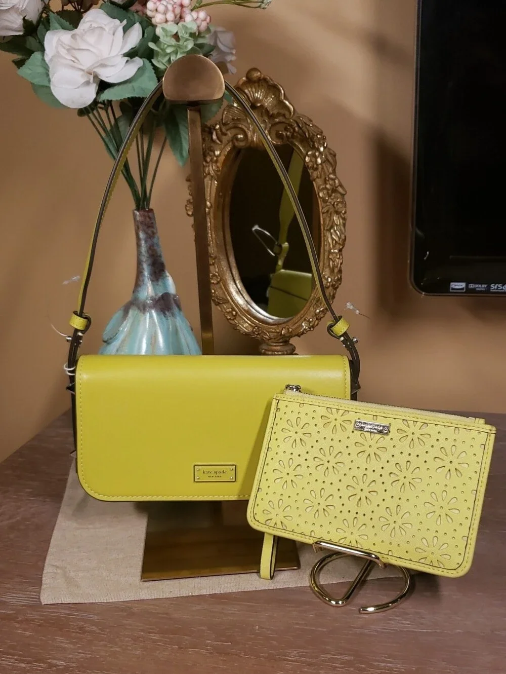 kate spade Chartreuse Shoulder Bag w/ Laser-Cut Wristlet SET!